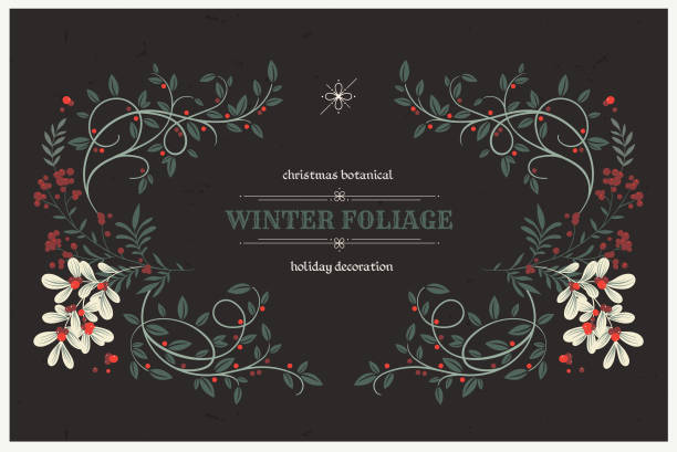 Winter foliage. Decorative Christmas frame Winter foliage. Elegant Christmas frame, assembled of whimsical plants, branches and berries. Holiday composition, modern botanical page decor. Nordic aesthetics clip art. christmas background illustrations stock illustrations
