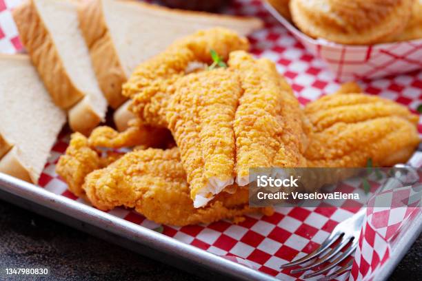 Southern Fried Fish With Toast Stock Photo - Download Image Now - Fried, Catfish, Fish
