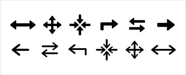 ilustrações de stock, clip art, desenhos animados e ícones de arrow icon vector set. arrows icons vector set. contains symbol of turn right, turn left, gather spot, spread, intercourse, and two way option. - turning right