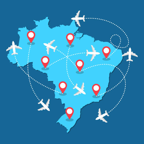ilustrações, clipart, desenhos animados e ícones de rotas de aviões sobrevoando mapa do brasil, turismo e conceito de viagem ilustrações - brasil mapa