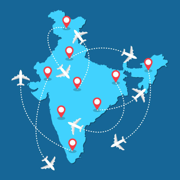 飛行機は、インドの地図、観光、旅行コンセプトイラストの上を飛ぶルート - delhi点のイラスト素材／クリップアート素材／マンガ素材／アイコン素材