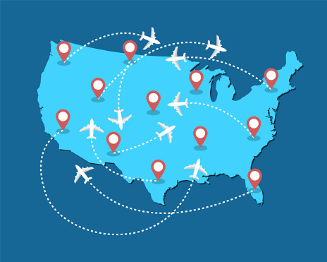 Planes routes flying over United States map, tourism and travel concept Illustrations