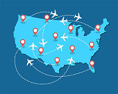 istock Planes routes flying over United States map, tourism and travel concept Illustrations 1347984072