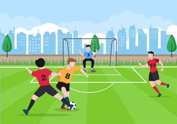 ilustraciones, imágenes clip art, dibujos animados e iconos de stock de jugar al fútbol con los niños jugar al fútbol usar uniforme deportivo varios movimientos como patear, sostener, defender, parar y atacar en el campo. ilustración vectorial - people young adult child football