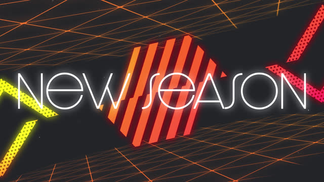 Animation of new season in white text over divided orange shapes and grid on black background