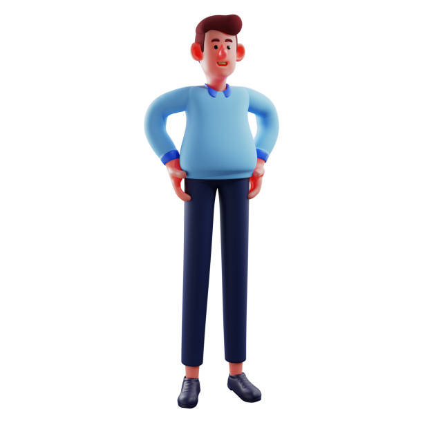istock Happy Face 3D Workman Cartoon with hands-on waist 1347993254