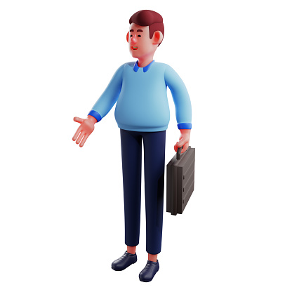 Rich 3D Workman Cartoon Illustration holding a black suitcase
