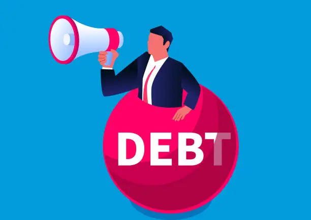 Vector illustration of Debt collection, isometric businessman holding a megaphone standing inside a huge debt iron ball and shouting