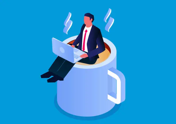 Vector illustration of Break and work, isometric businessman sitting and working on coffee cup