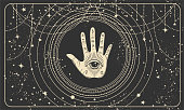 istock Frame for astrology, tarot, palmistry, fortune telling. Palm and all-seeing eye on a black mystical background of the universe with stars. Vector wallpaper, hand drawing. 1348000117