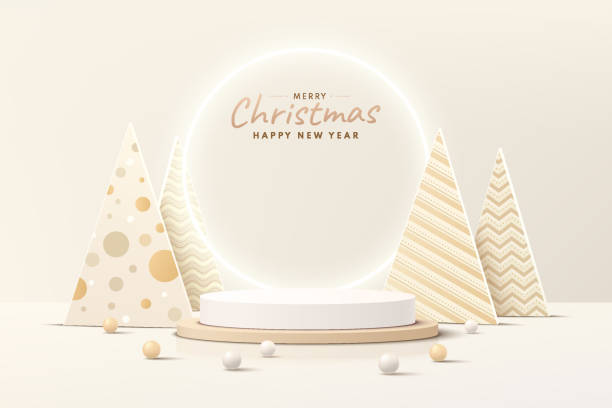 абстрактный реалистичный 3d коричневый, золотой цилиндрический подиум с роскошной рождественской елкой и шаром. с рождеством и счастливой � - christmas 3d stock illustrations