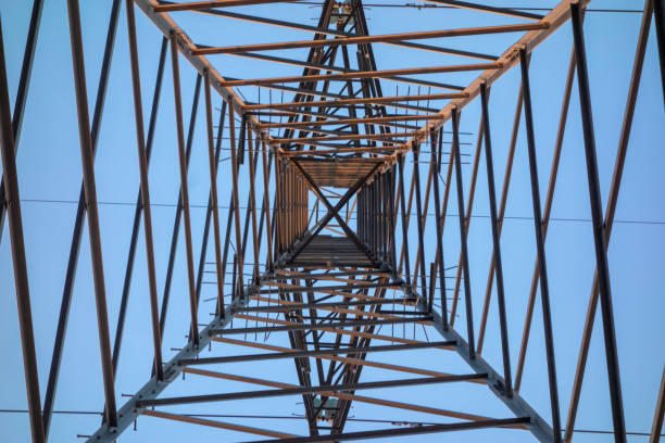 высоковольтные линии электропередачи для электроэнергетики - power supply single line in a row sending стоковые фото и изображения