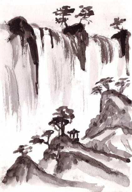 istock Mountain landscape with waterfall and pine trees in chinese style ink drawing 1348006280