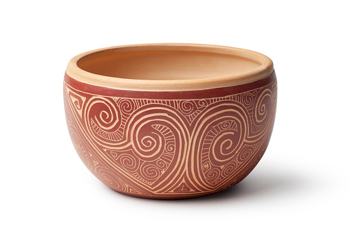 Handmade clay pot. The designs are ethnic in origin.
