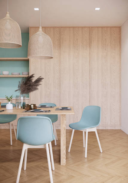 istock japandi apartment interior background, dining room decarative with wood, dining table and chair in the room 1348010223