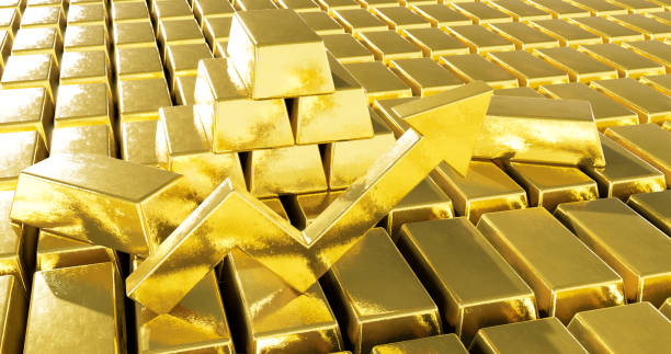 istock Golden growth chart arrow with infinite rows of Gold bars 1348010292