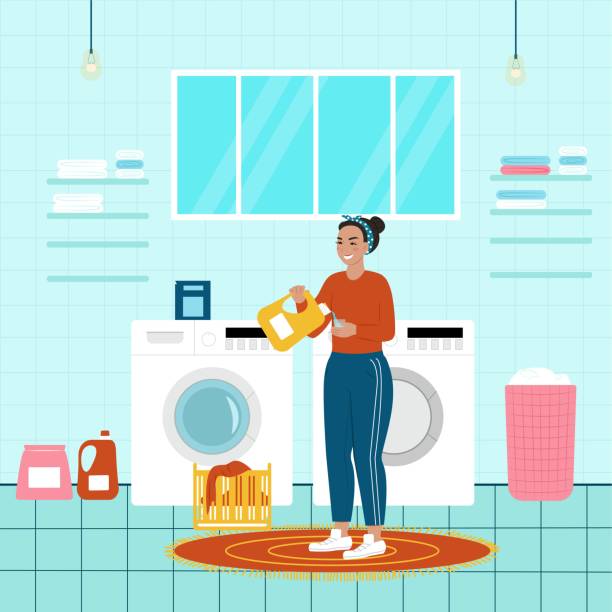 Happy woman laundry. Vector illustration in flat cartoon style Happy woman laundry. Vector illustration in flat cartoon style. utility room stock illustrations