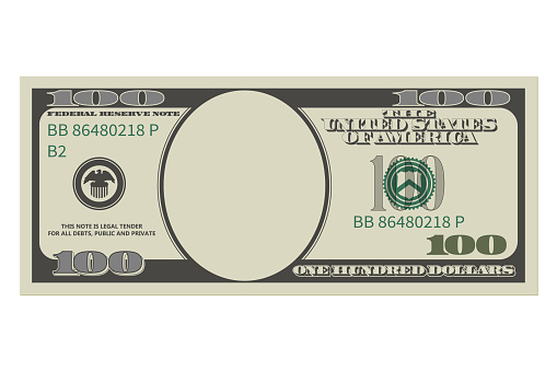 One hundred dollars in old design without a portrait of Franklin. 100 dollars banknote. Template or mock up for a souvenir. Vector illustration isolated on a white background
