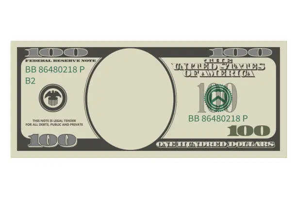 Vector illustration of One hundred dollars in old design without a portrait of Franklin. 100 dollars banknote. Template or mock up for a souvenir. Vector illustration isolated on a white background