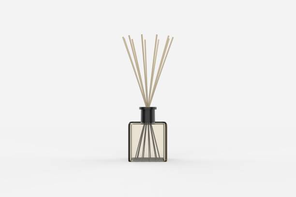 Wooden aroma sticks Wooden aroma sticks in glass jar glyph icon. Liquid perfume oil black silhouette. Essential air fragrance sticks aromatherapy. Spa and beauty pictogram isolated. 3D illustration home diffuser stock pictures, royalty-free photos & images