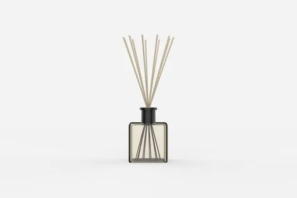 Wooden aroma sticks in glass jar glyph icon. Liquid perfume oil black silhouette. Essential air fragrance sticks aromatherapy. Spa and beauty pictogram isolated. 3D illustration