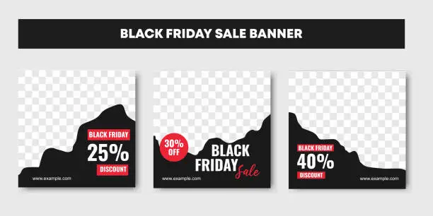 Vector illustration of Three set of black and white, Black friday sale background banner with 25, 30 and 40 percent discount sale.