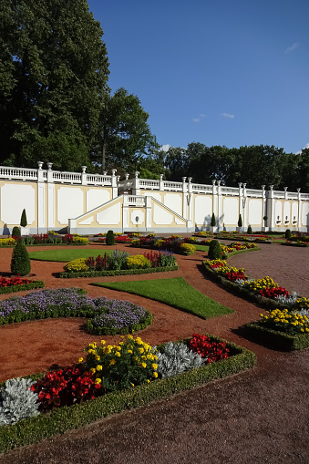 Tallinn, Estonia, EU - 21 July 2021: Catherine's Valley Park or Kadriorg's Garden with flowers and plants on a sunny summer day.