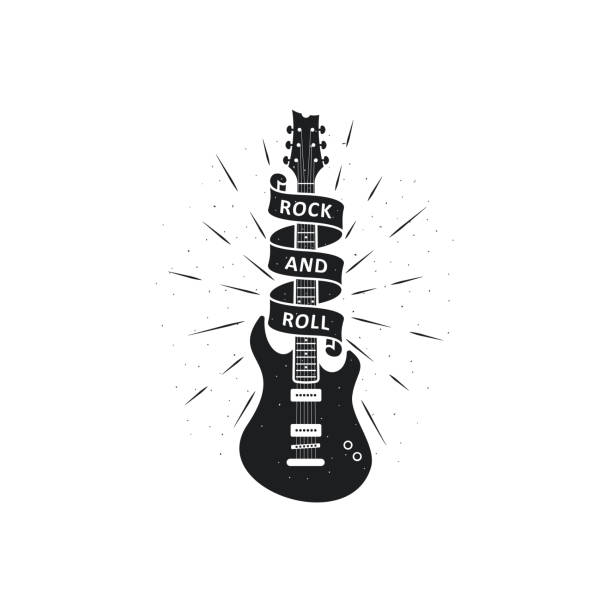 schwarz-weiß-illustration einer gitarre, text mit band, strahlen auf weißem hintergrund. - gitarre stock-grafiken, -clipart, -cartoons und -symbole