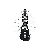 istock Black and white illustration of a guitar, text with ribbon, rays on a white background. 1348013547