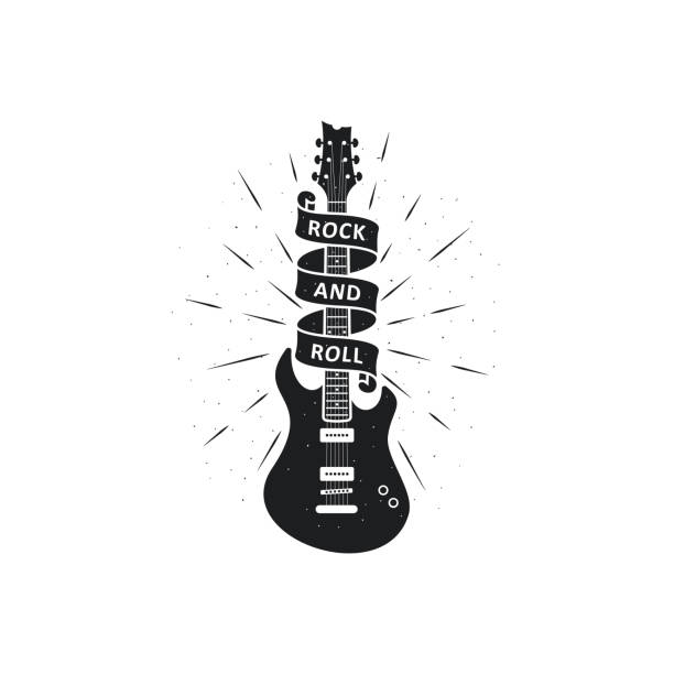 Black and white illustration of a guitar, text with ribbon, rays on a white background. Design element for print, emblem, poster, label, sticker. Vector illustration with grunge texture. Musical symbol. heavy rock stock illustrations