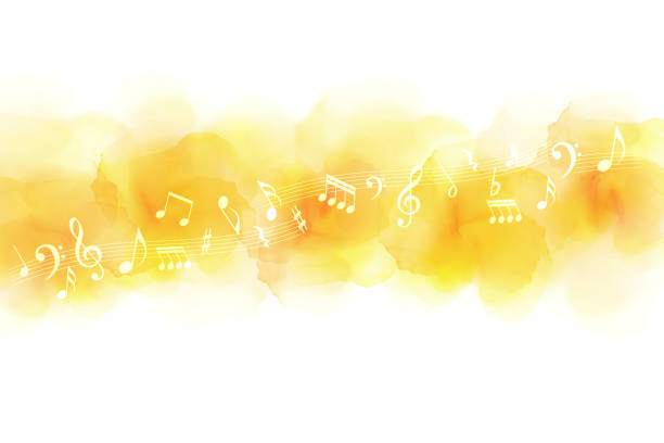 ilustrações, clipart, desenhos animados e ícones de notas musicais e fundo de imagem amarelo e laranja (toque de aquarela) - azuki