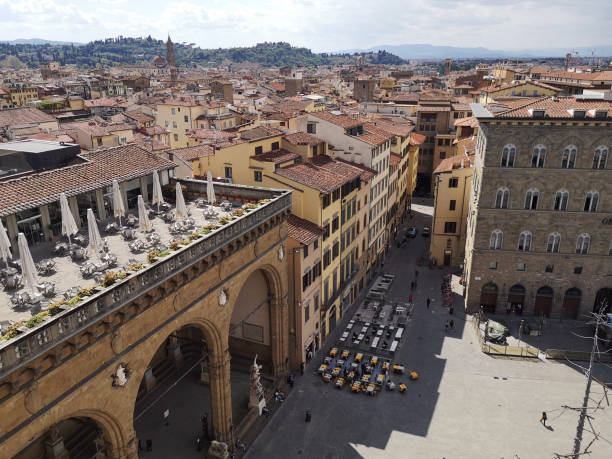 High angle view of the iconic Piazza della Signoria in Florence, Tuscany.