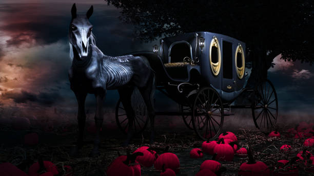 Night scene with creepy horse, carriage an pumpkins