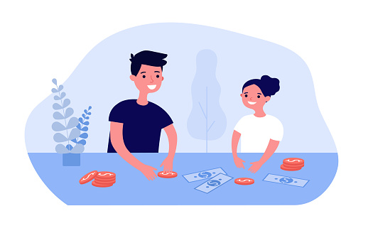 Father and child sitting at table with money savings. Parent teaching child financial literacy flat vector illustration. Family budget, education concept for banner, website design or landing web page