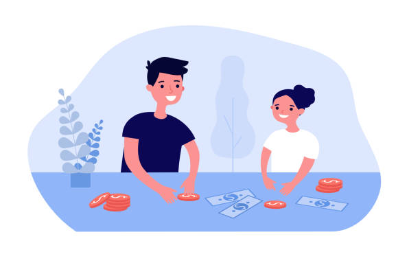 Father and child sitting at table with money savings Father and child sitting at table with money savings. Parent teaching child financial literacy flat vector illustration. Family budget, education concept for banner, website design or landing web page financial literacy stock illustrations