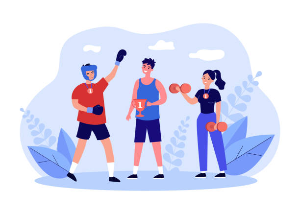 ilustrações de stock, clip art, desenhos animados e ícones de winners of sports competitions holding awards, standing together - healthy lifestyle men boxing dumbbell