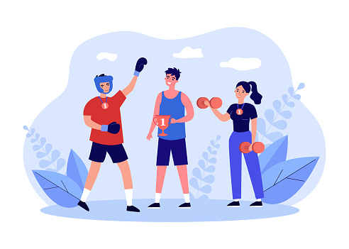 Winners of sports competitions holding trophy, standing together. Group of champions with medals and golden cup flat vector illustration. Winning concept for banner, website design or landing web page