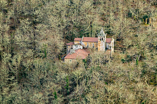 Ancient Romanesque church hidden among the leafless trees of a thick winter forest. Monastery of Santa Cristina de Ribas de Sil. Ribeira Sacra