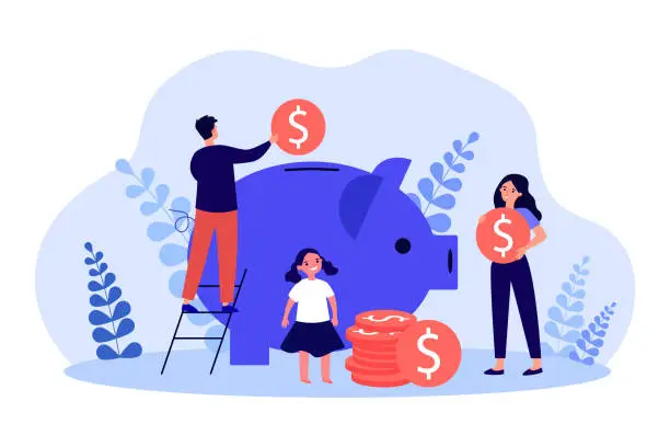 Vector illustration of Family putting money coins in piggy bank