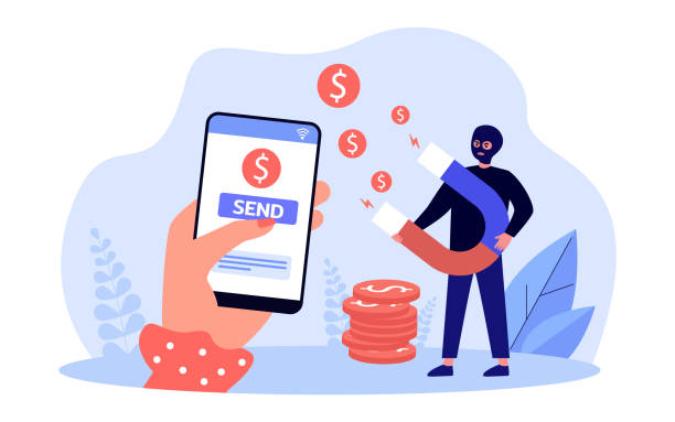 Hand sending money to scammer via mobile phone Hand sending money to scammer via mobile phone. Criminal swindler with magnet attracting money flat vector illustration. Online fraud, crime concept for banner, website design or landing web page business risk stock illustrations