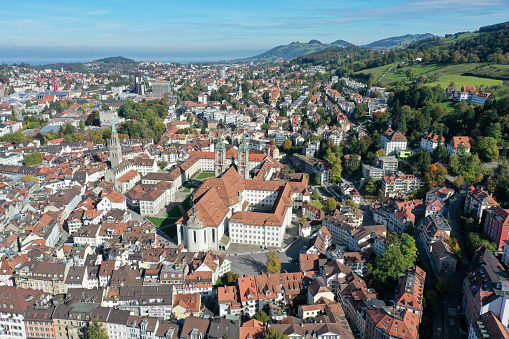 St.Gallen elvated view over the beautiful medieval city. The high angle image was captured during autumn season.