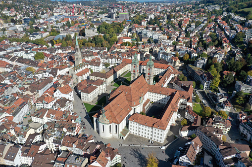 St.Gallen elvated view over the beautiful medieval city. The high angle image was captured during autumn season.