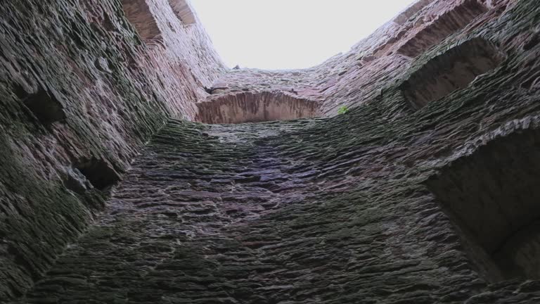 inside an old dark ruined medieval stone fortress