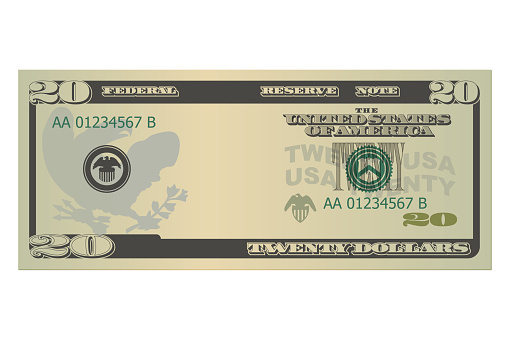 Twenty dollars without a portrait of Jackson. 20 us dollars banknote. Template or mock up for a souvenir. Vector illustration isolated on a white background