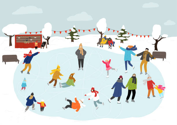 ilustraciones, imágenes clip art, dibujos animados e iconos de stock de gente patinando en pista de hielo al aire libre. invierno. - ice skating