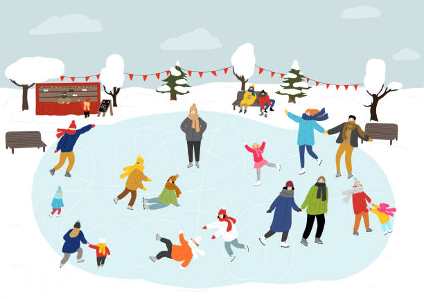 illustrations, cliparts, dessins animés et icônes de les gens patinent sur la patinoire à l’extérieur. hiver. - patinage sur glace