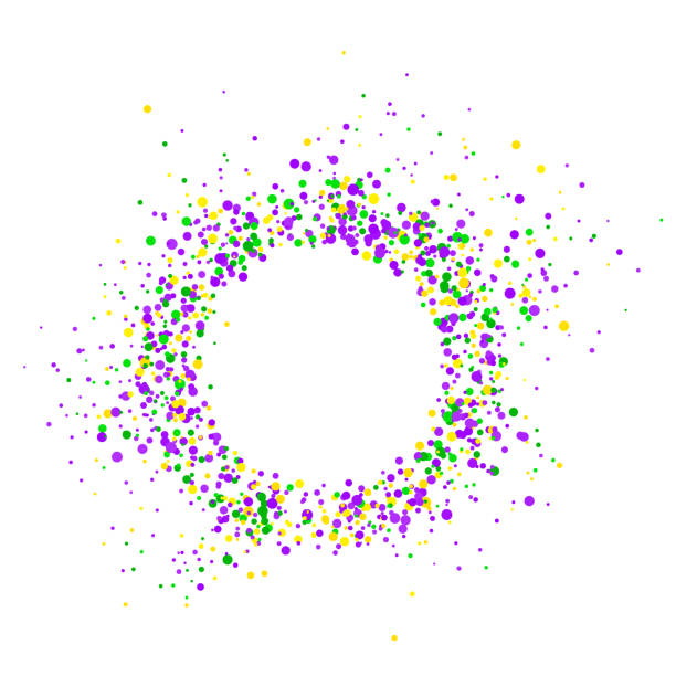 Mardi Gras carnival confetti background Round pattern of beautiful geometric yellow, green, purple confetti on white background. Venetian carnival Mardi Gras party. Great forIdeal for greeting card, poster, web template. Vector background Bead stock illustrations