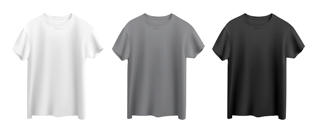 white, gray and black t-shirts isolated on white background front view vector mock up