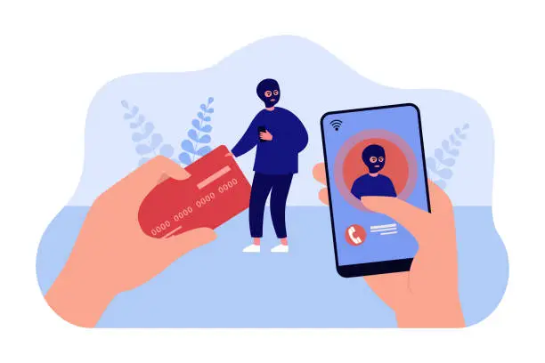 Vector illustration of Thief in mask stealing money from credit card