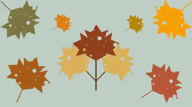 Vector illustration of Autumn leaves on green background. Green, brown and yellow leaves. Vector art.Adobe illustrator eps8